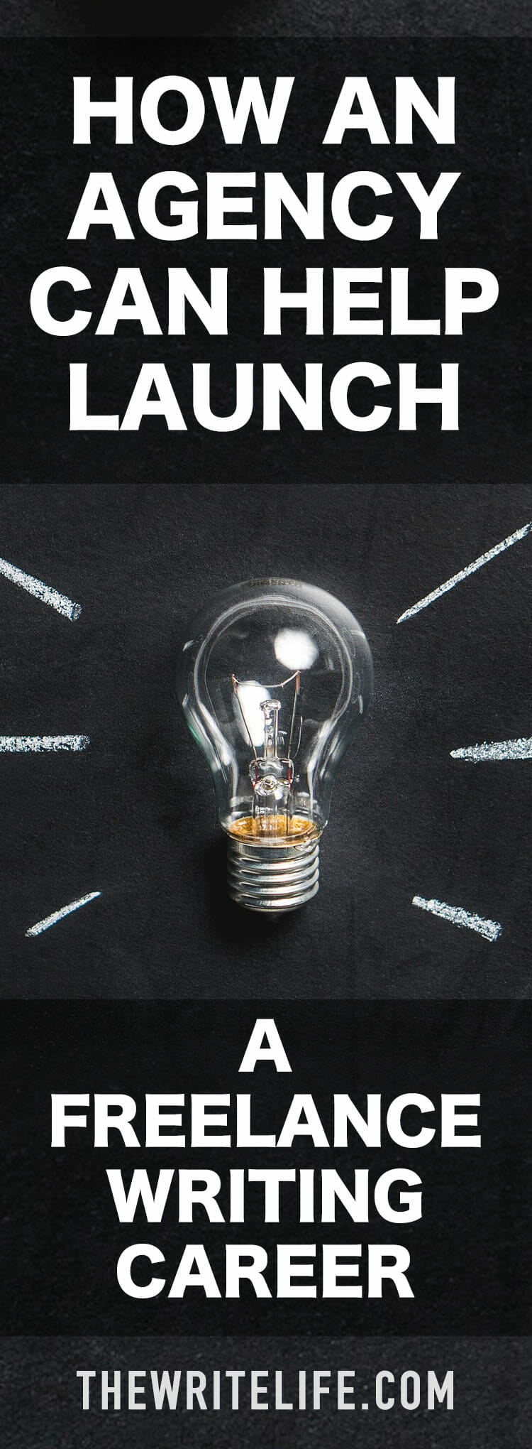 Vertical image with a lightbulb to illustrate how working with an agency can help launch your freelance career.